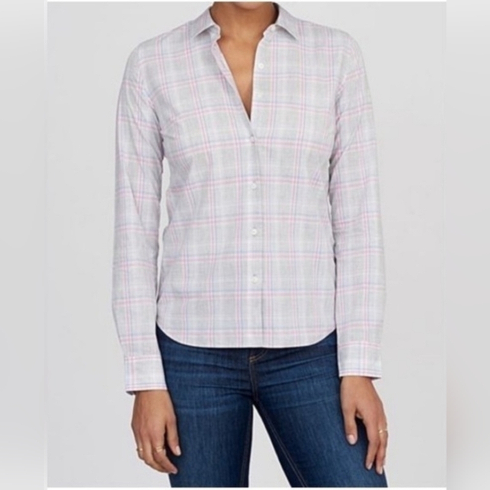 UNTUCKit Chasseles Women’s Pink Blue Gray Plaid Button Down Shirt